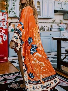 Vibrant Orange Floral Kimono Robe